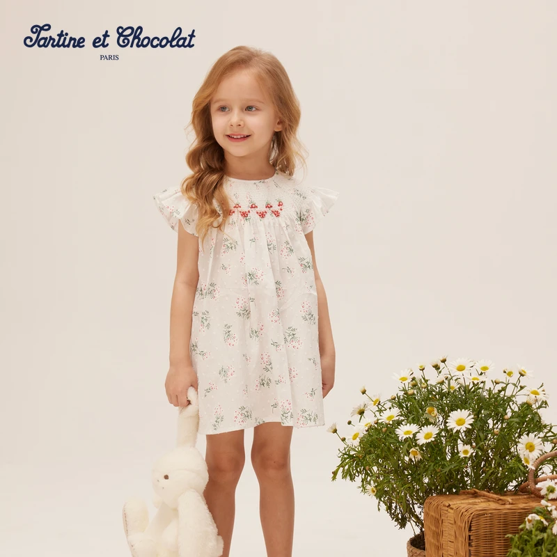 TC法国巧克力童装夏季新款女童满印圆领连衣裙25小童印花女宝ol