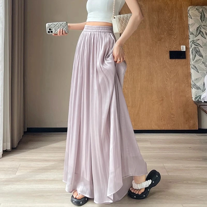 紫色冰丝裙裤女夏季薄款高腰显瘦垂感流光纱半身裙防晒凉凉阔腿裤