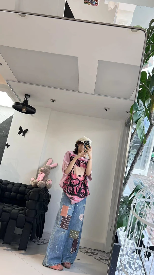 【YXM.】欧货设计款t恤显瘦牛仔印花夏季韩版网红气质粉色时尚休闲