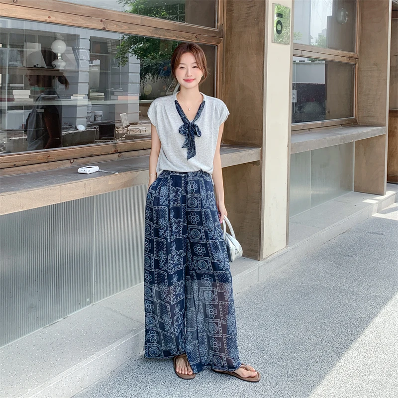 休闲T恤印花阔腿裤套装女2025夏季新款ootd穿搭减龄超好看两件套