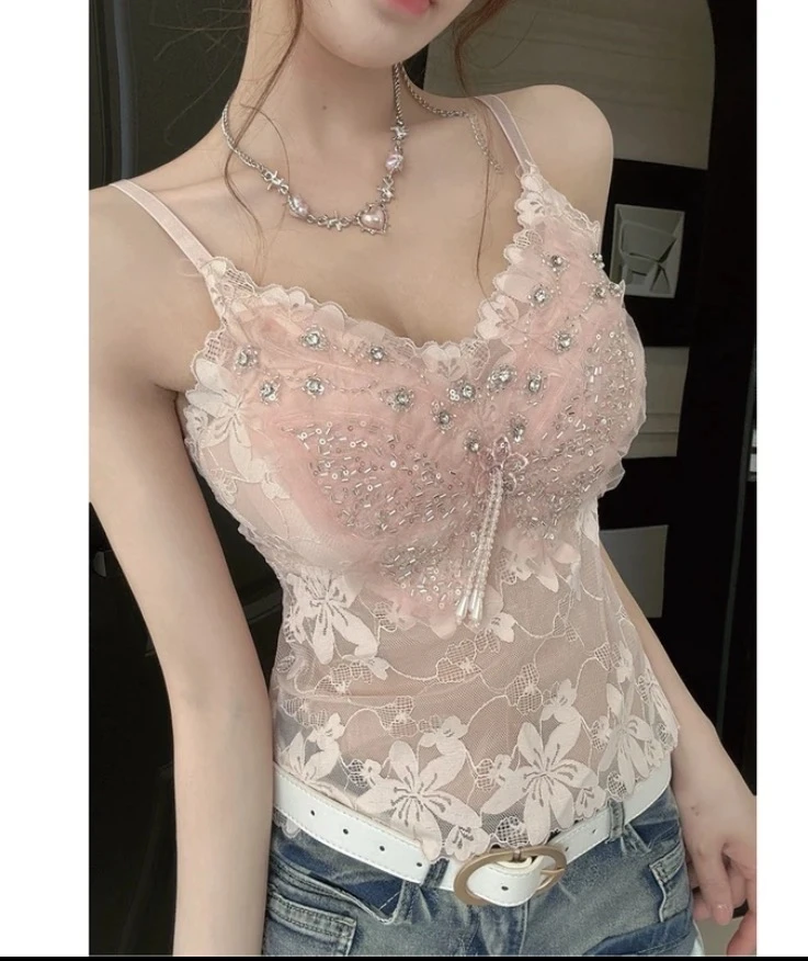 新款纯欲风性感蕾丝钉珠美背吊带背心女夏季设计感抹胸百搭外上衣