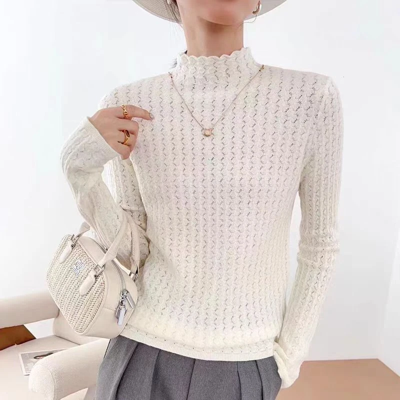 【香港中奢COCO】纯色半高领镂空蕾丝针织衫TT166