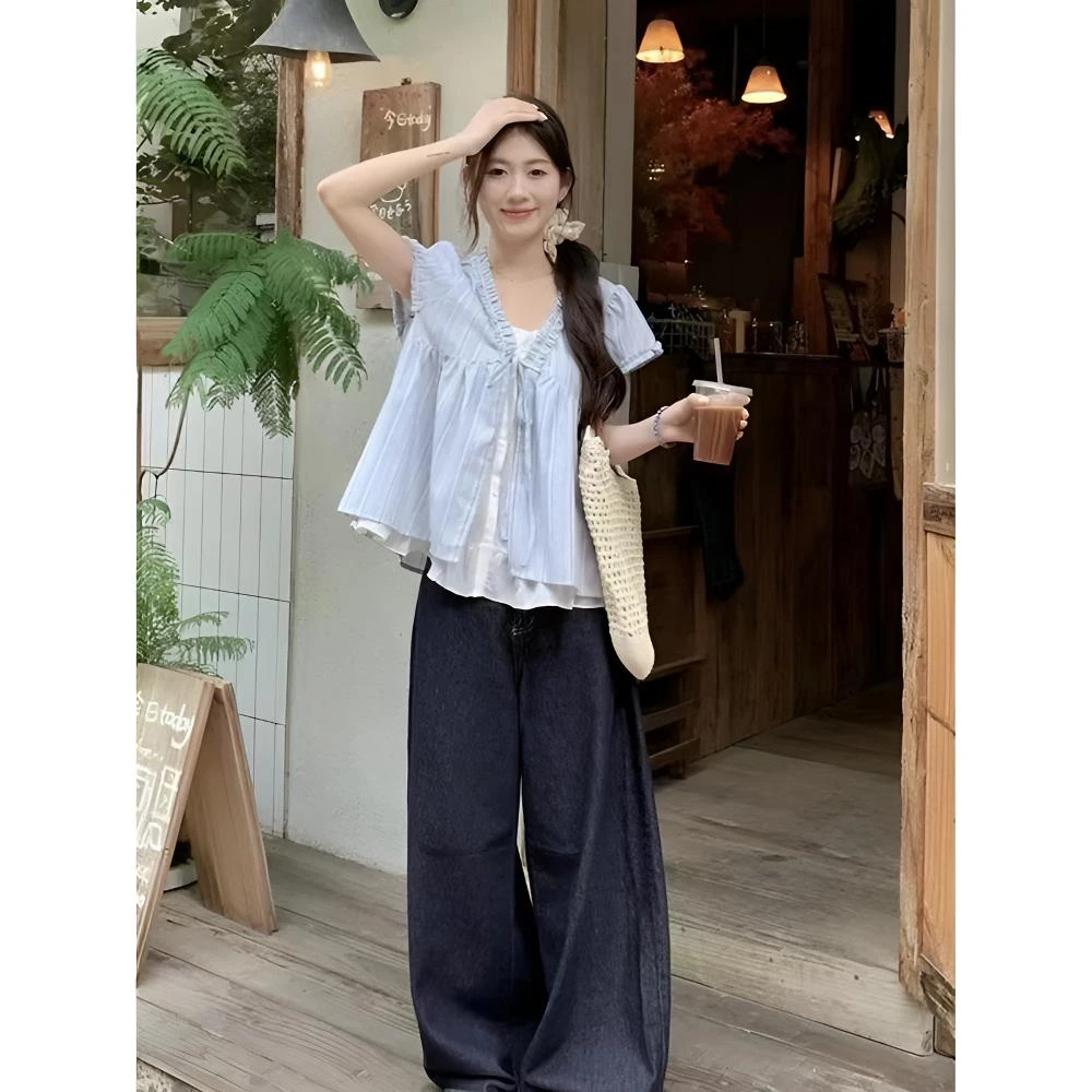 sicily系带蓝色条纹假两件短袖衬衫女2025夏女生韩系ins衣服