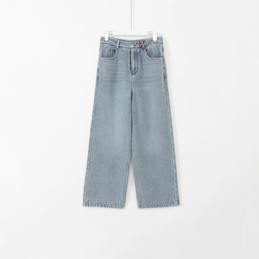 几里与麻 撞色腰袢设计感高腰直筒牛仔裤 2092245