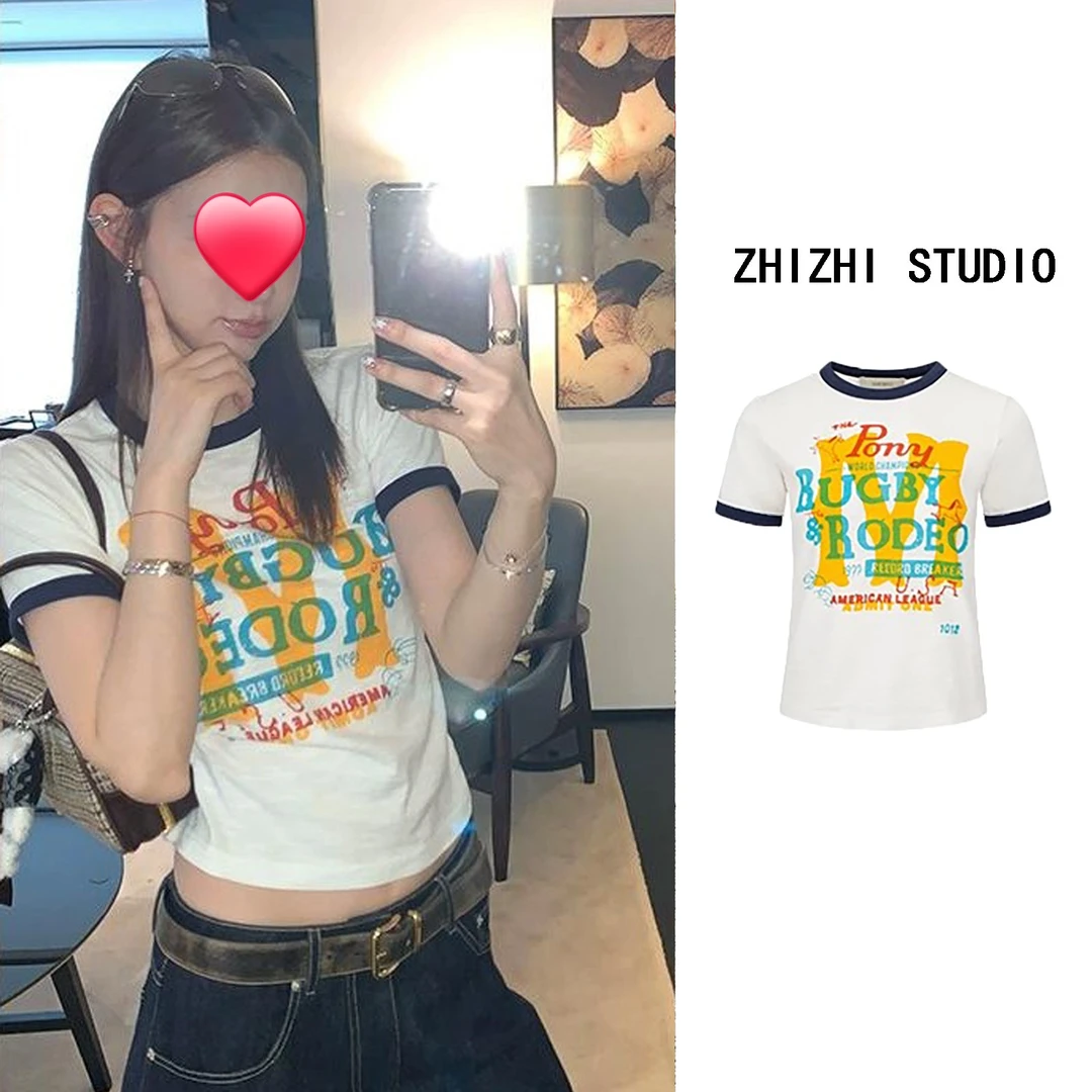 夏季时髦玩味四季皆可搭休闲舒适撞色印花T恤正肩圆领短袖tee上衣