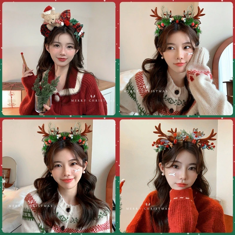 圣诞节发箍头饰儿童毛绒圣诞老人麋鹿头箍小女孩可爱节日装扮发卡