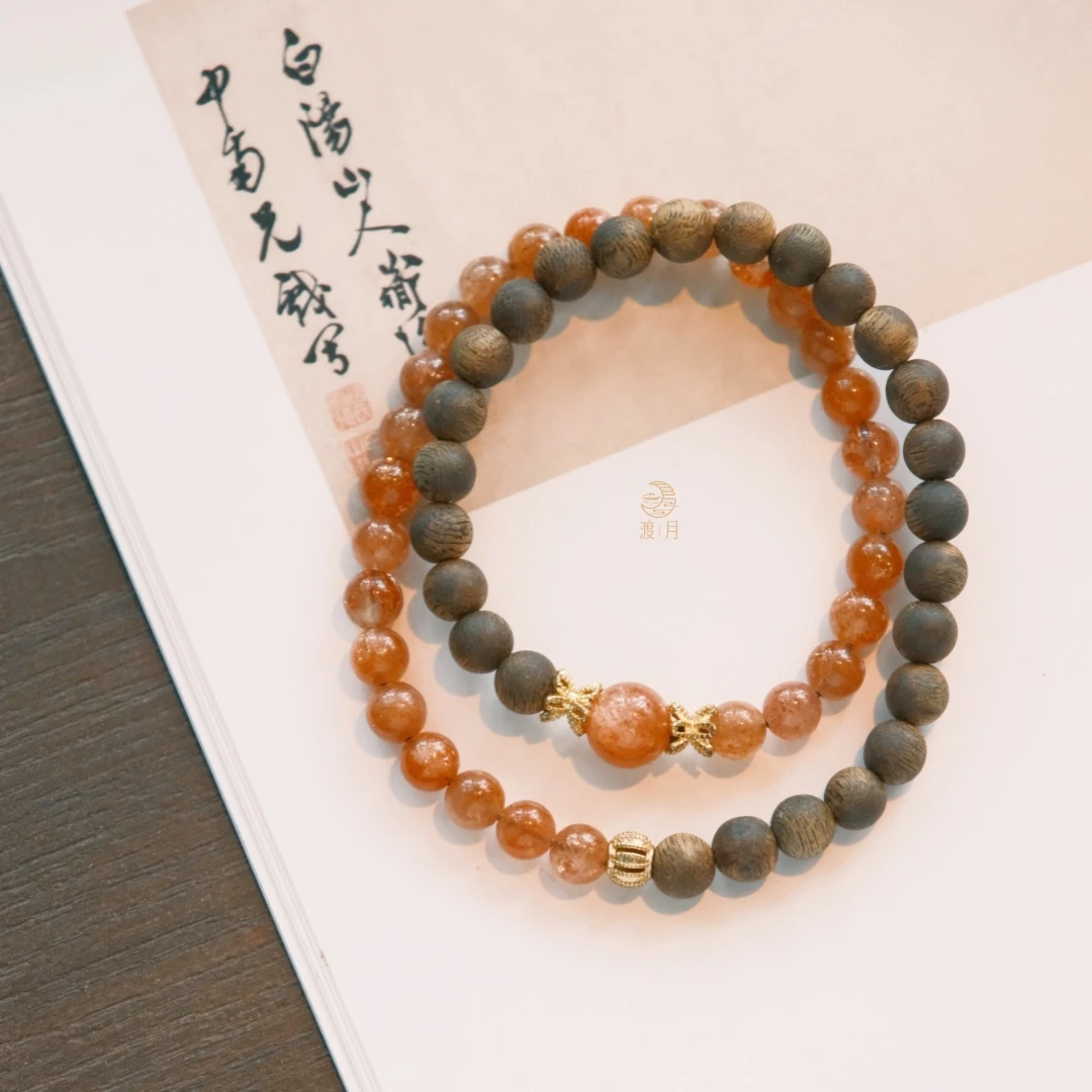 沉香【春色撩人】绿奇楠沉香太阳石双圈手串