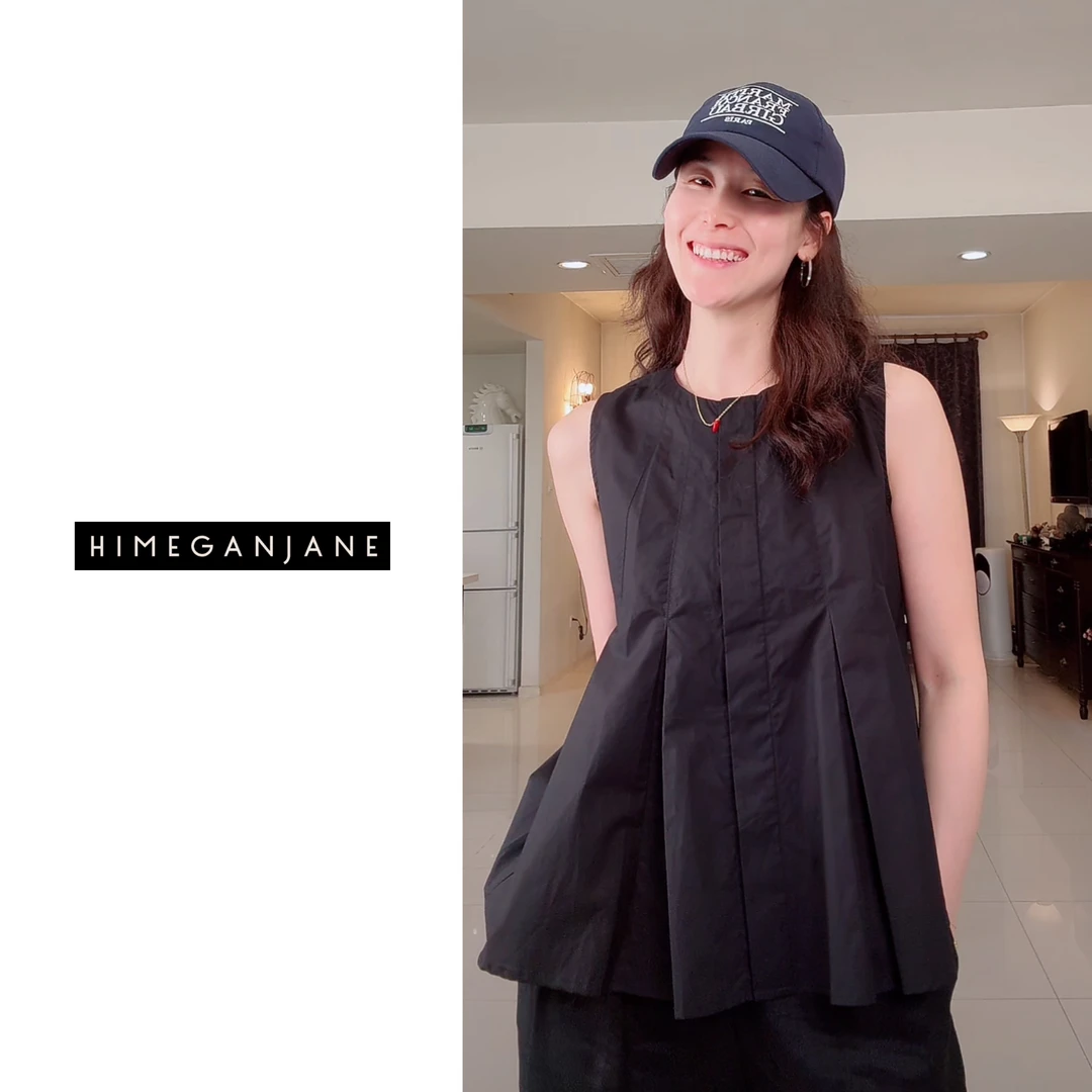 HIMEGANJANE 100棉法式压褶纯色圆领无袖娃娃衬衣 SF-500