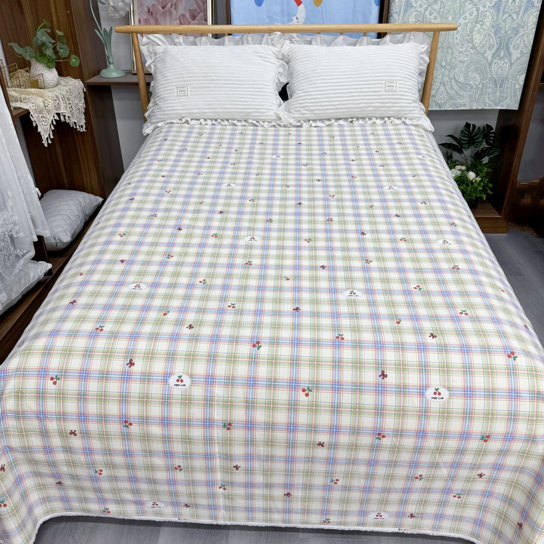 2米×2.45米床单，原棉大帆布 四季 加厚加密贴身透气【樱桃绿格】