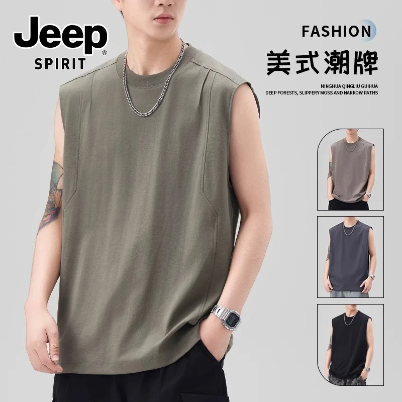 JEEPSPIRIT吉普重磅美式宽松无袖t恤男夏季休闲薄款速干冰丝背心
