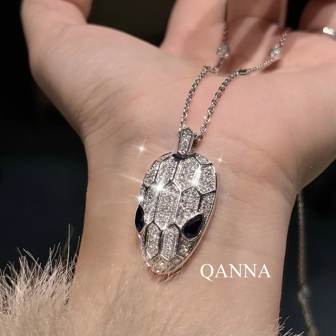 QANNA【超大号蓝眼睛】【满钻蛇头】18K金豪华欧美奢华灵蛇钻石项链BC