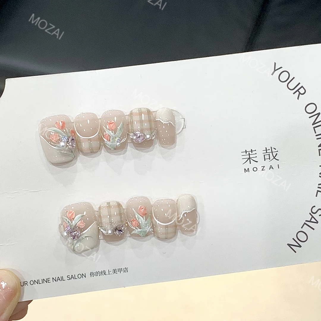 茉哉V高定【水彩手绘/汀花语】纯手工定制美甲穿戴甲F0017