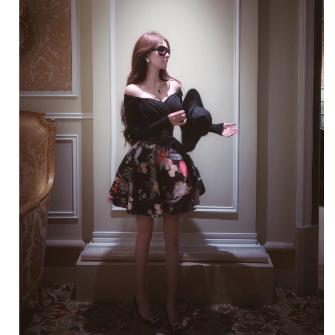 WW原创「夜月莺」女款显瘦时尚气质百搭印花小众设计感上衣半裙套装