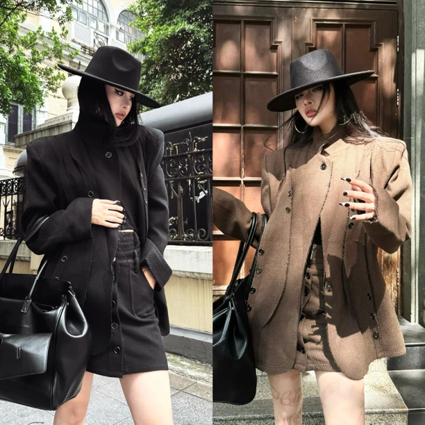 Blackgirl新款【生人勿近】斜纹通勤韩版休闲小众毛呢ins风西装外套