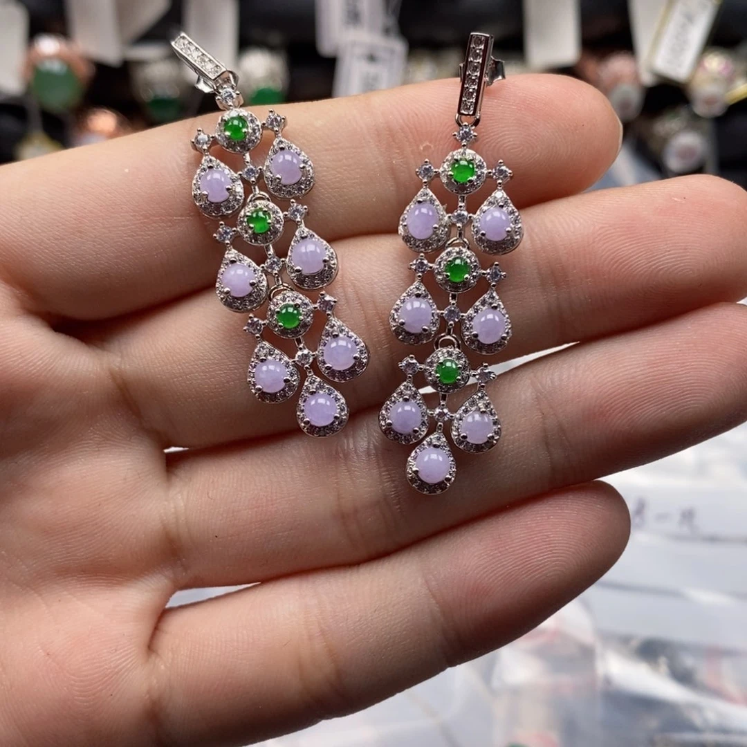 翡翠耳饰银S925镶嵌大*天然缅甸翡翠a货