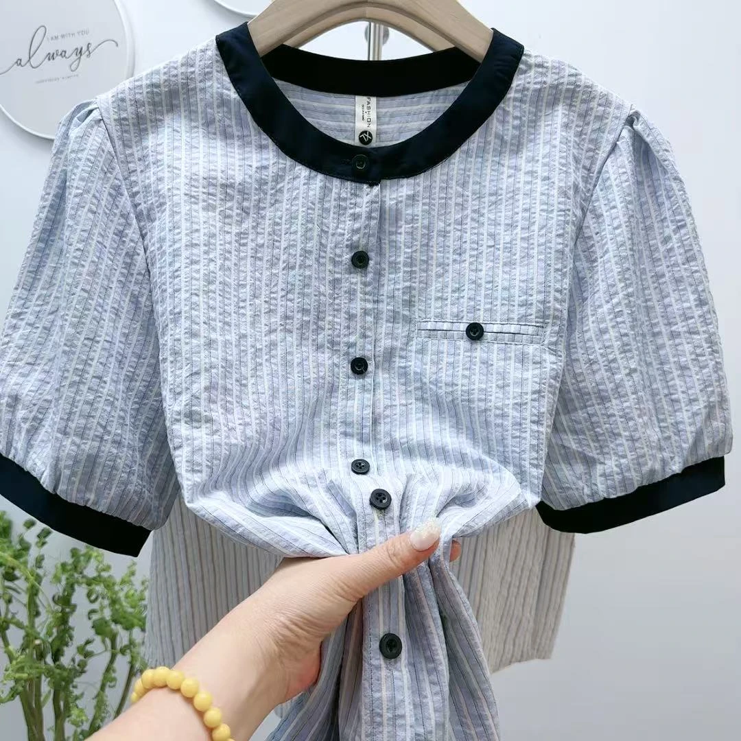 9150#夏季新款拼色圆领大码衬衫棉麻条纹短袖女宽松显瘦开衫