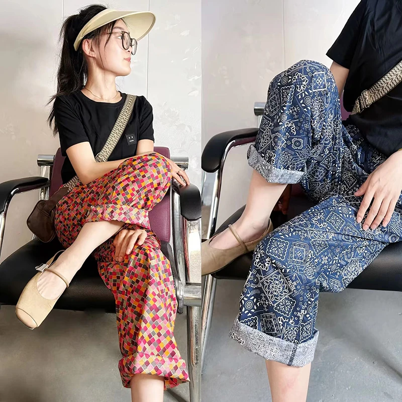 瑶曼新款青花瓷纯棉复古花裤子高腰显瘦外穿薄款直筒裤碎花休闲裤