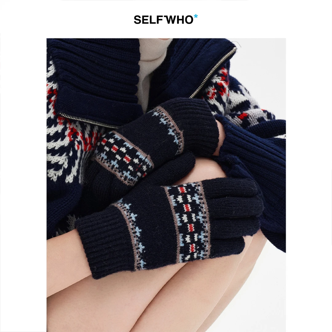 SELFWHO彩色提花编织复古针织手套女2025冬新款软糯保暖连指手套