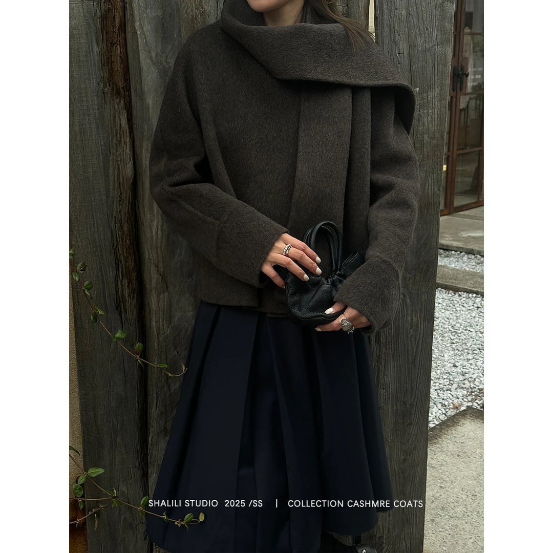 ShaLL. ’ 绕雾 早春围巾设计不规则门襟短款显瘦大衣外套25C9104