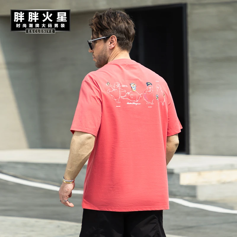 胖胖火星大码男装水洗做旧渐变手绘涂鸦印花休闲百搭圆领短袖T恤