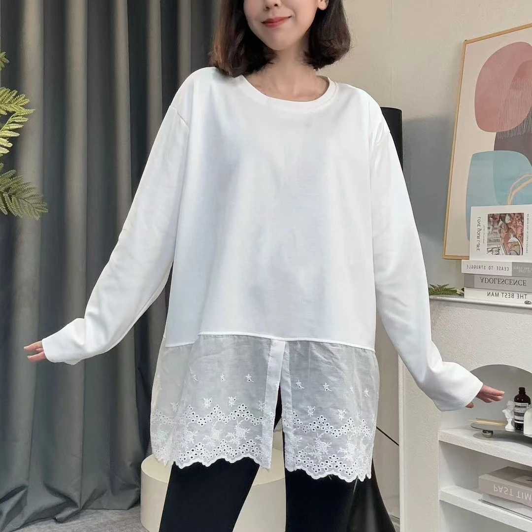 春季新款纯色大版型宽松大码蕾丝拼接长袖T恤G8801