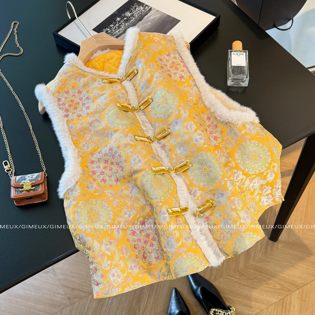 新中式提花盘扣毛边马甲女冬款国风复古高级感气质外搭夹棉背心