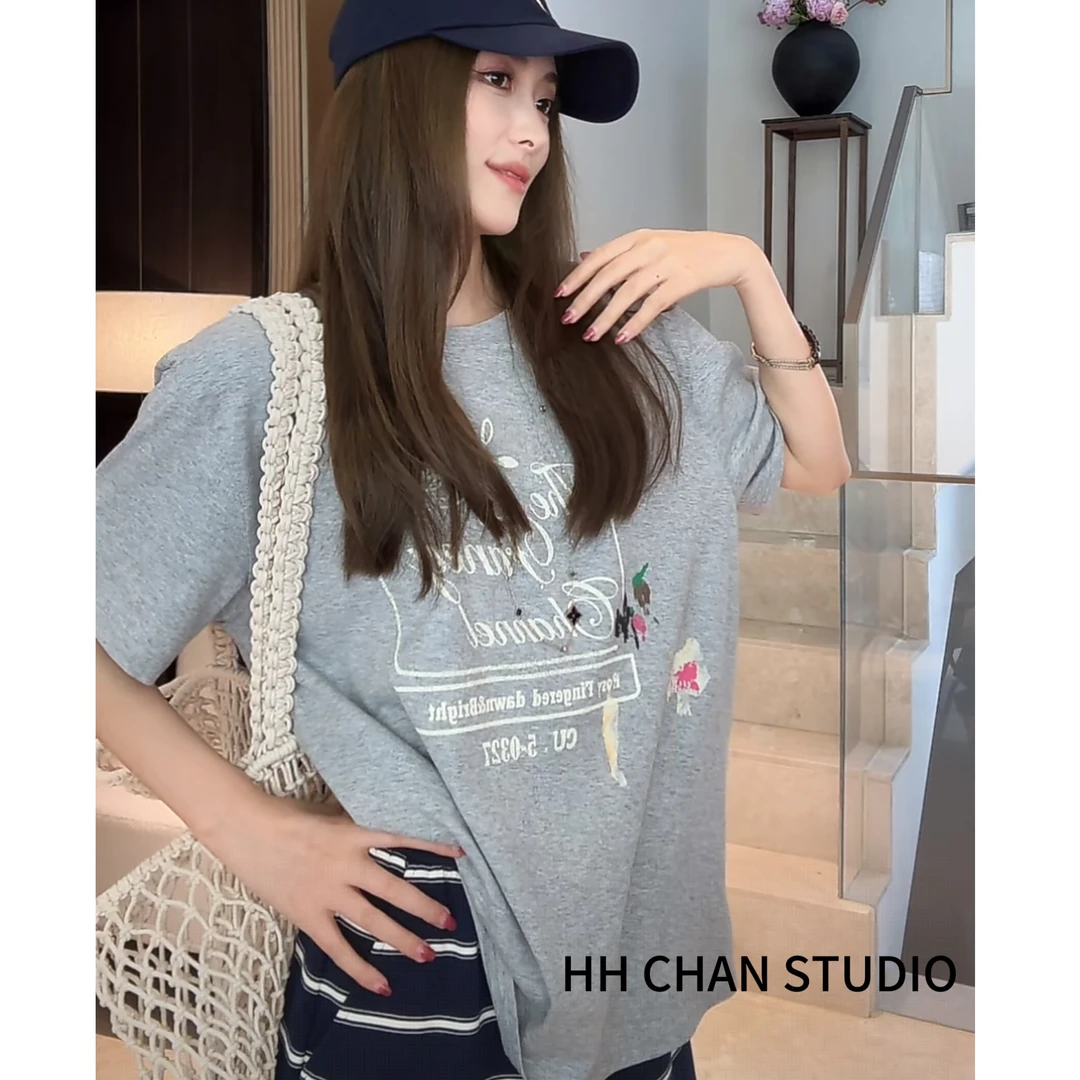 HH.CHAN“美式玫瑰”100%棉定制针织灰色美式印花圆领T恤HH52D35630