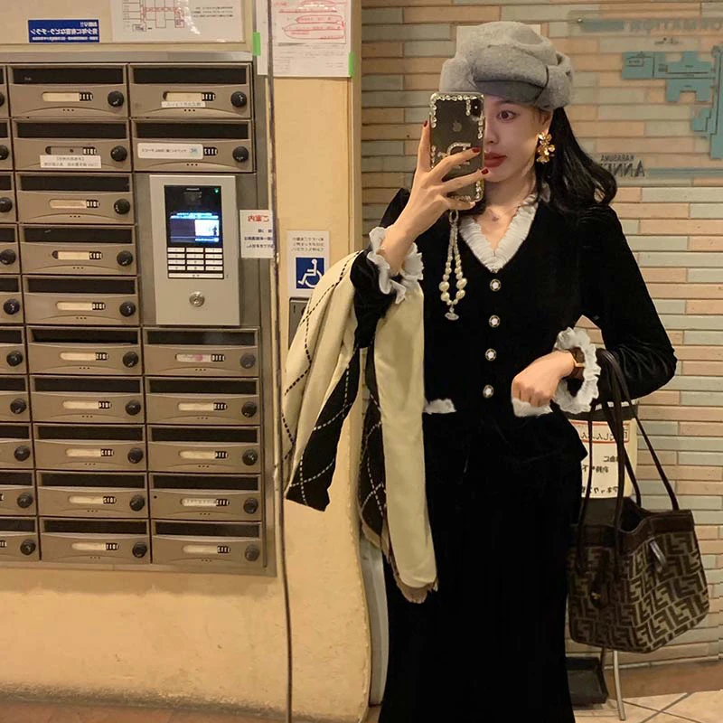 【两件套】法式复古赫本风千金感蕾丝花边显瘦套装裙女春秋D3539