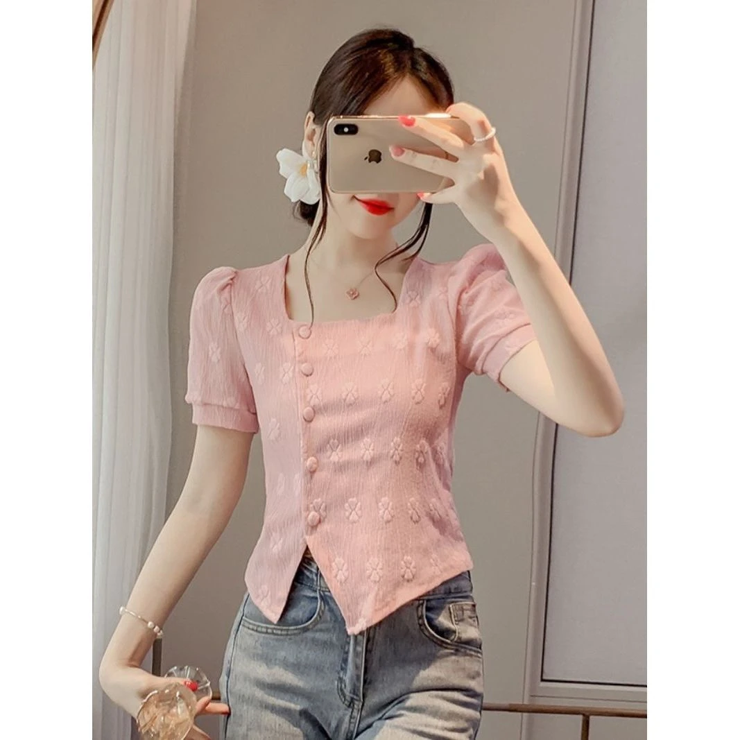 夏季新款甜美提花小衫独特别致不规则短款上衣法式方领短袖衬衫女