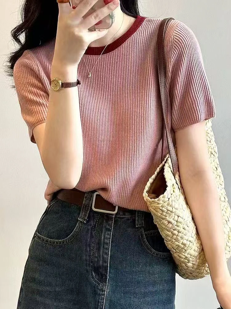 短袖女毛衣针织T恤打底衫上衣拼色领