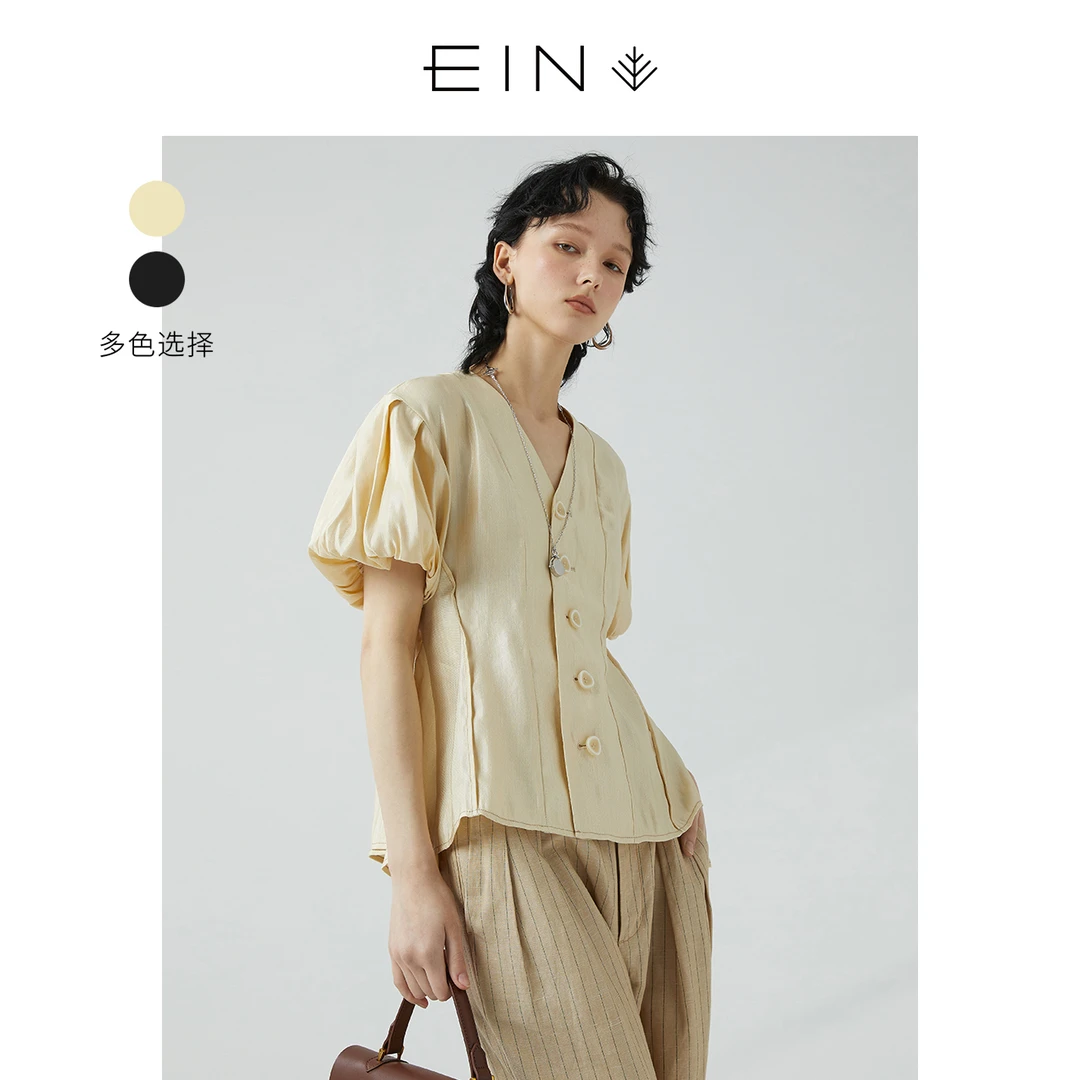 EIN/言干练都市通勤丝麻收腰灯笼袖衬衫上衣复古文艺夏季新品