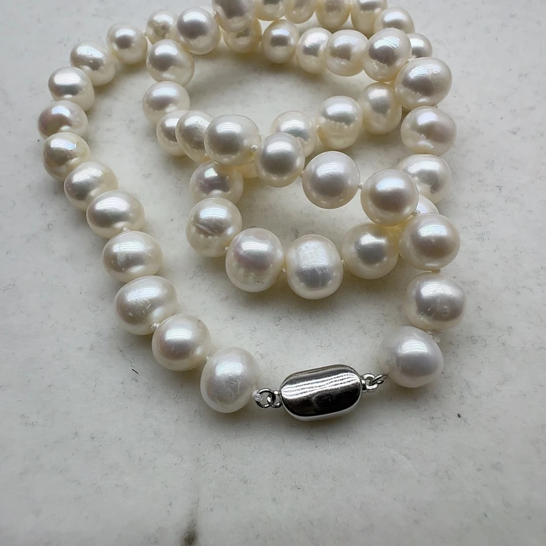 淡水珍珠颈饰银S925镶嵌9-10近圆微瑕50厘米