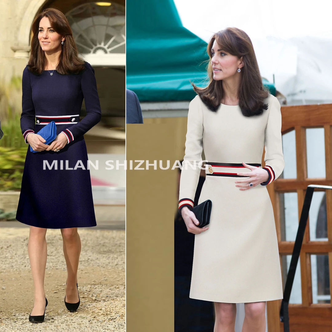 王妃同款空姐范裙子高级感撞色拼接修身百搭中长款气质连衣裙秋冬