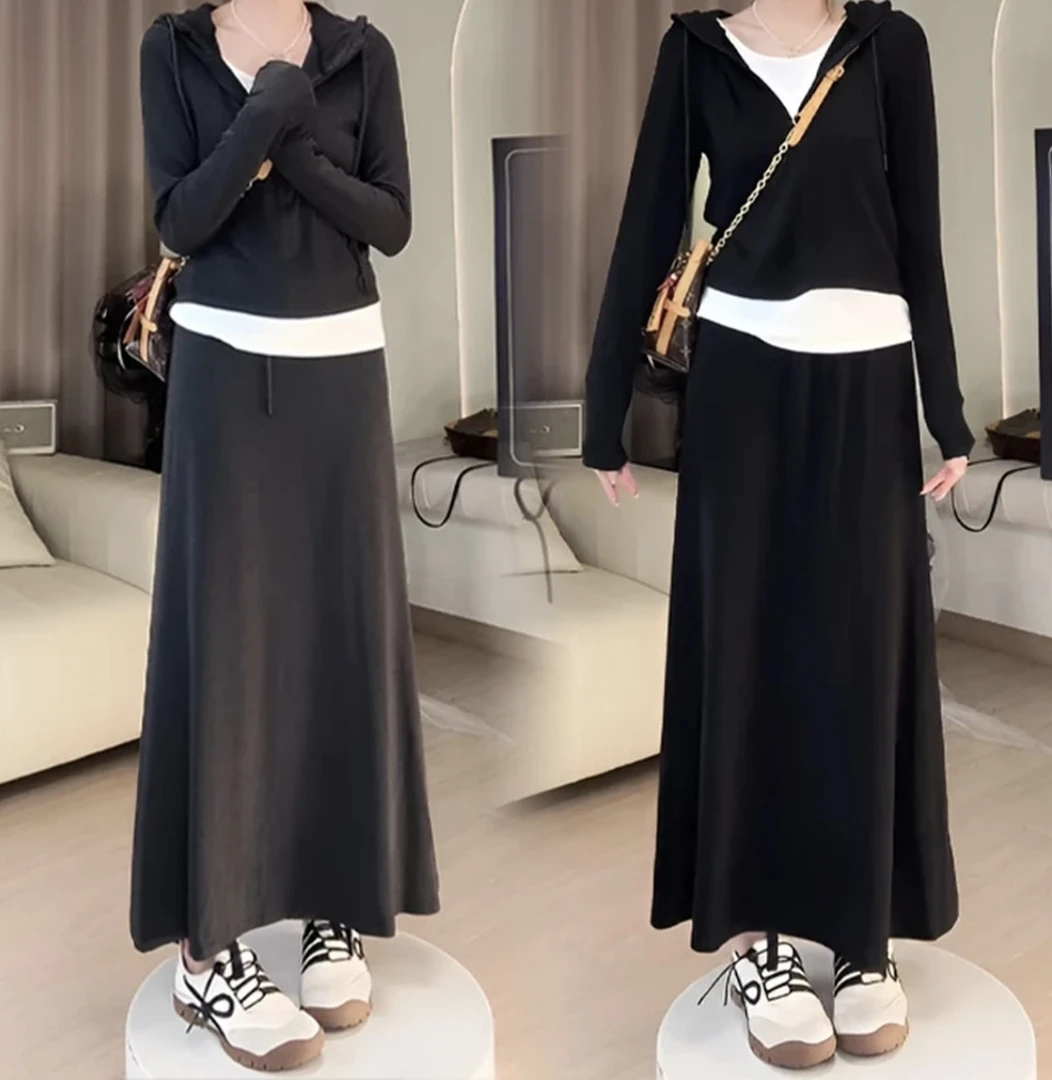 巨好看早秋一整套2025新款女简约假两件连帽上衣➕休闲半身裙套装