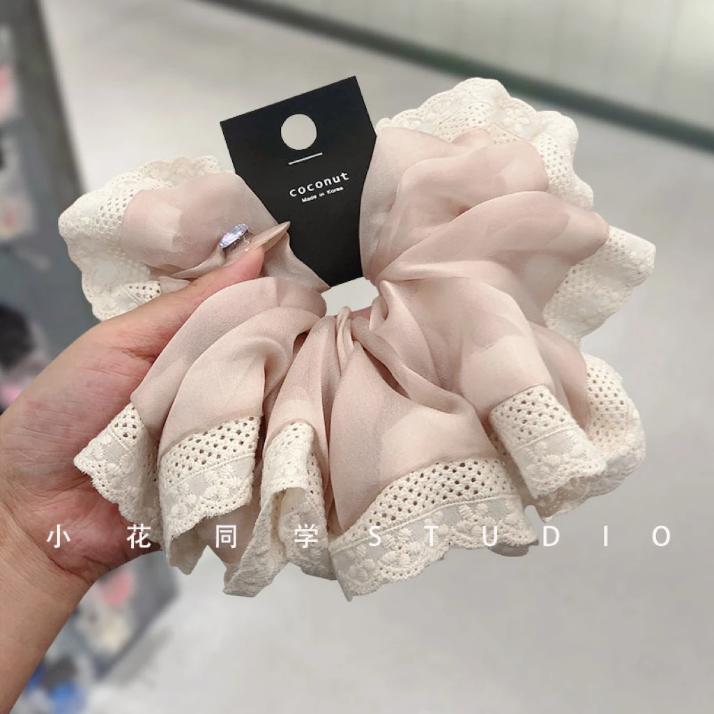 法式浪漫高级精致糯粉色米白色柔软欧根纱蕾丝刺绣花朵发圈大肠圈