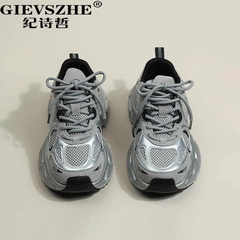 纪诗哲厚底银色老爹鞋女秋季新款时尚百搭增高休秋季厚底增高老爹