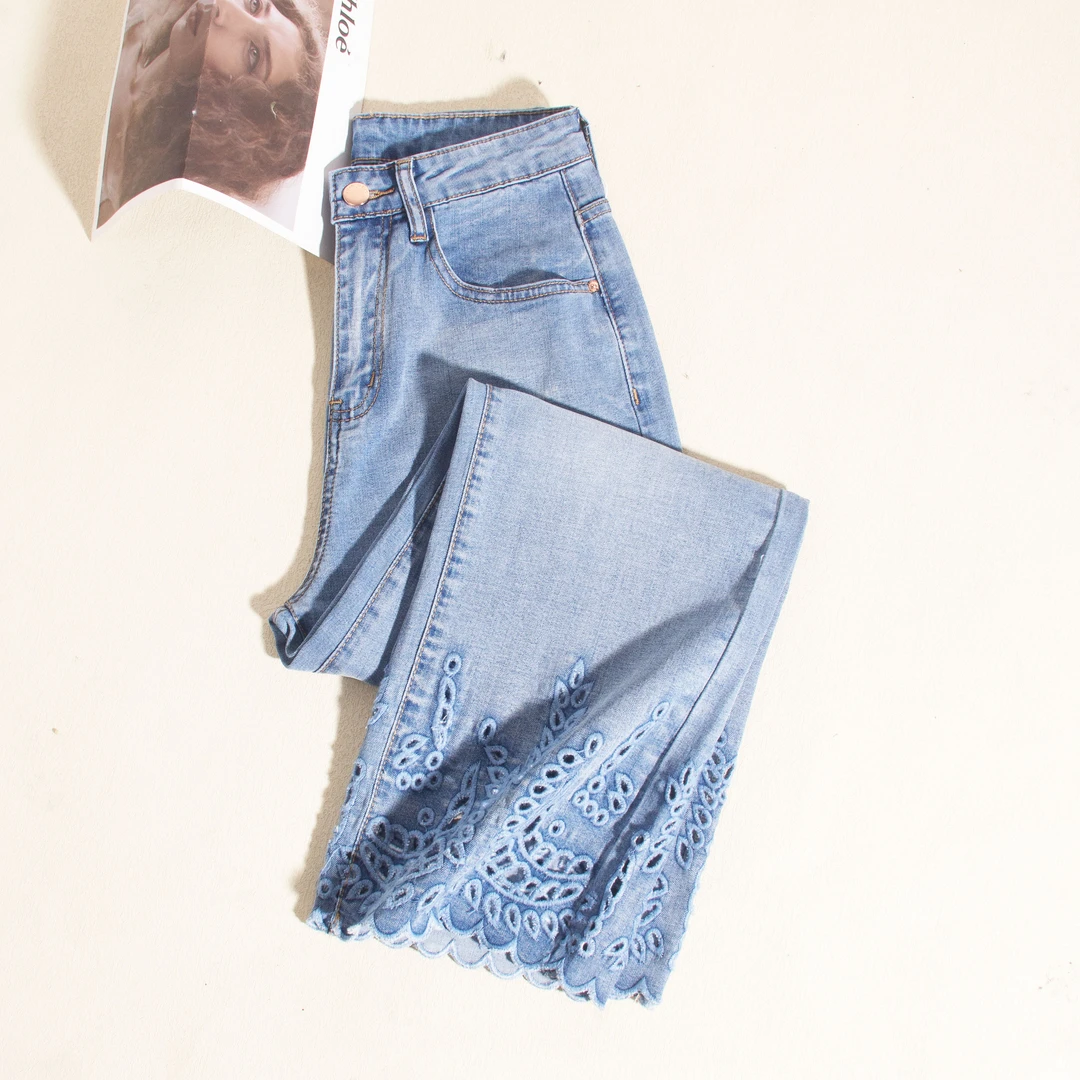 1550-夏季薄款镂空直筒软牛仔小个子阔腿裤
