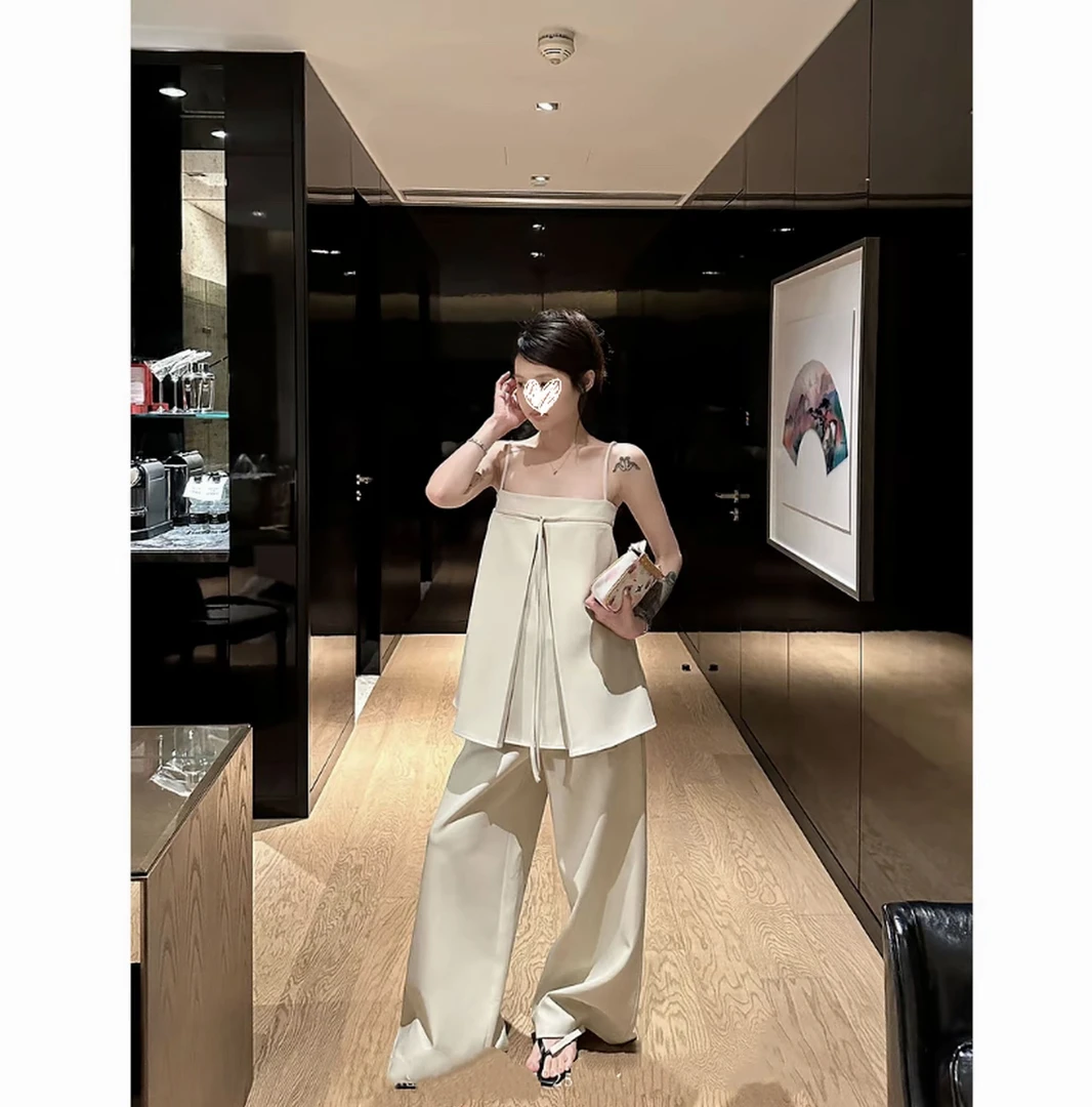 老钱风时尚露背抹胸吊带上衣女宽松显瘦休闲裤两件套装