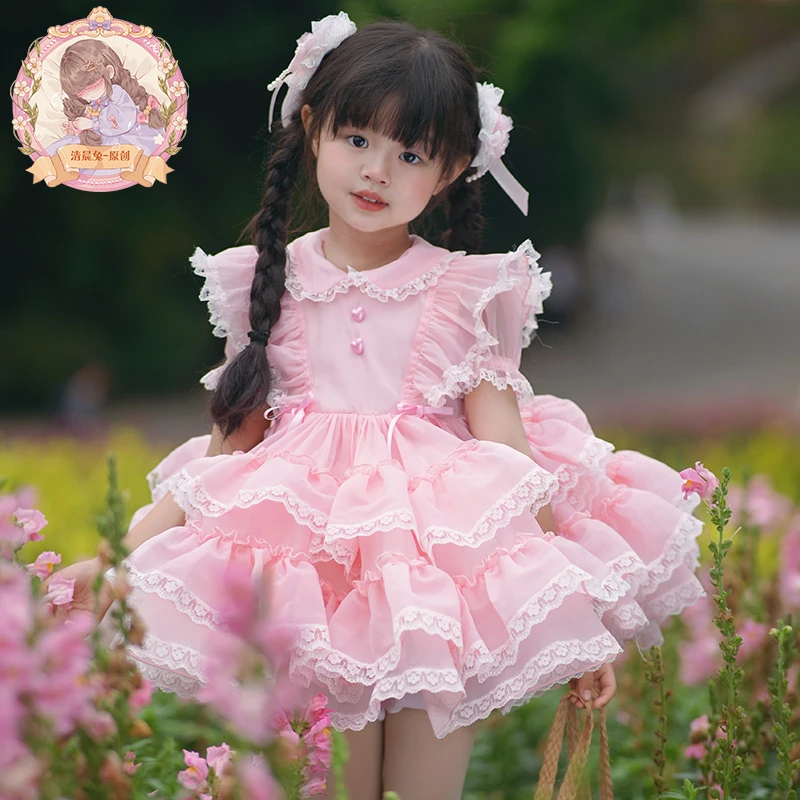 原创设计女童画报粉vtg连衣裙