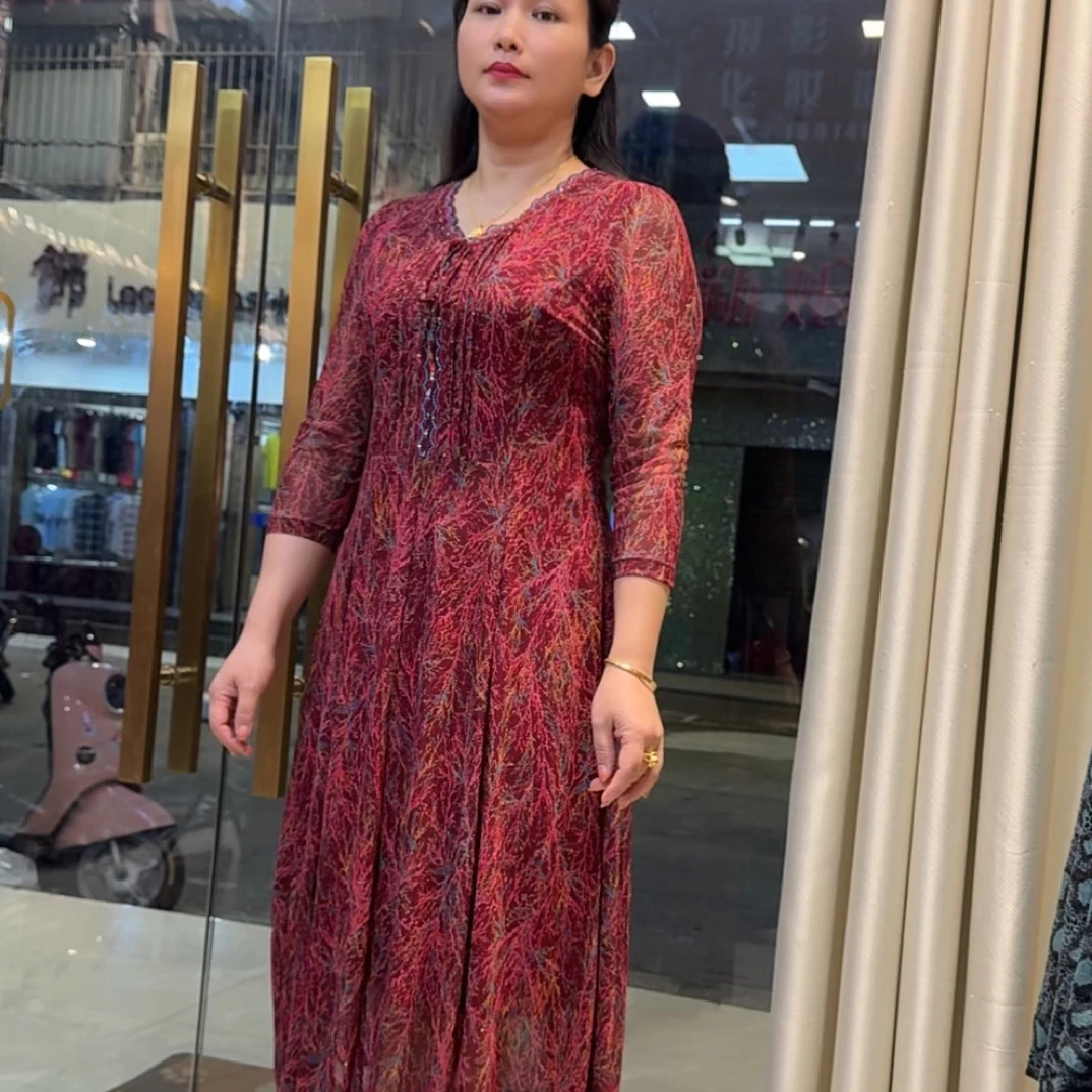 秋季新款加厚蕾丝中长连衣裙气质显瘦长袖遮肉玫瑰红