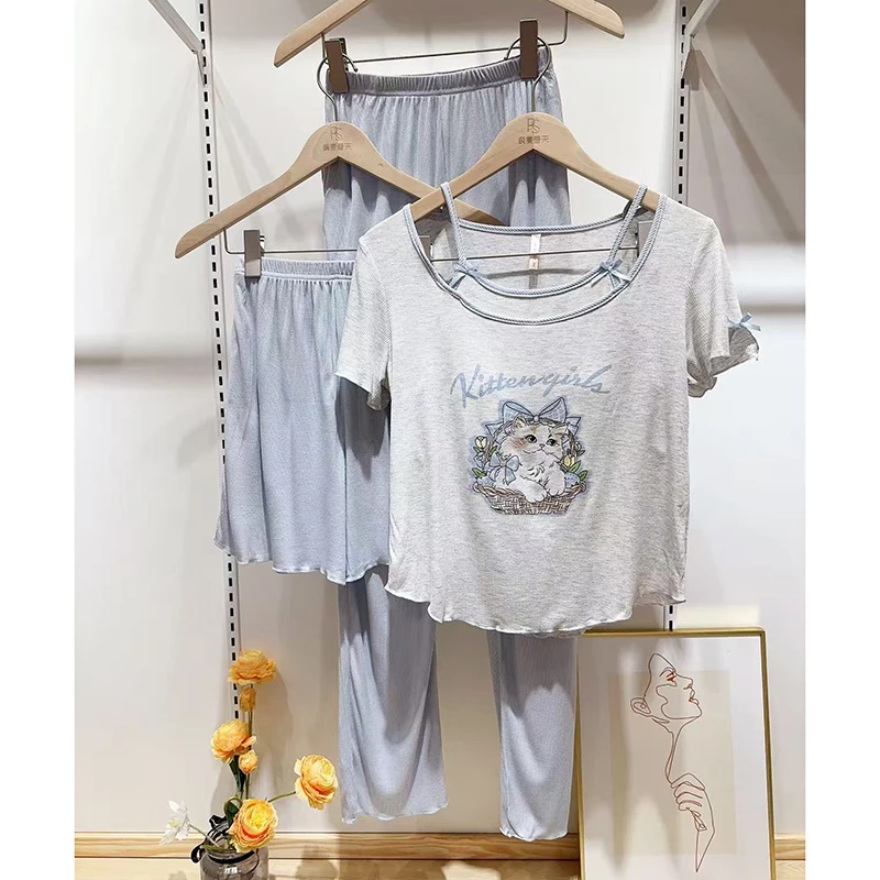 夏季新款小猫咪假两件短袖带杯垫三件套睡衣绵柔透气舒适套装2244