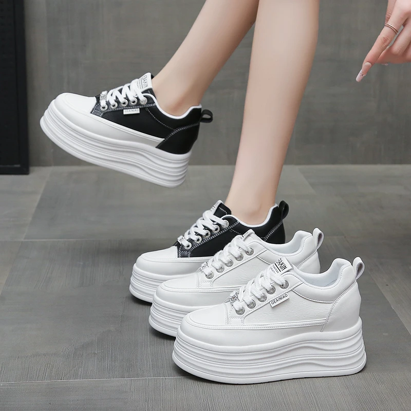 增高8CM系带透气小白鞋2025新款时尚休闲鞋女鞋秋季防滑生产厚底