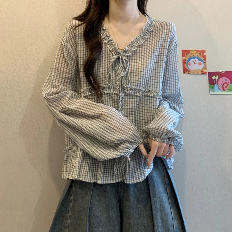 大码法式木耳边系带V领长袖衬衫女春秋胖MM宽松显瘦百搭洋气上衣