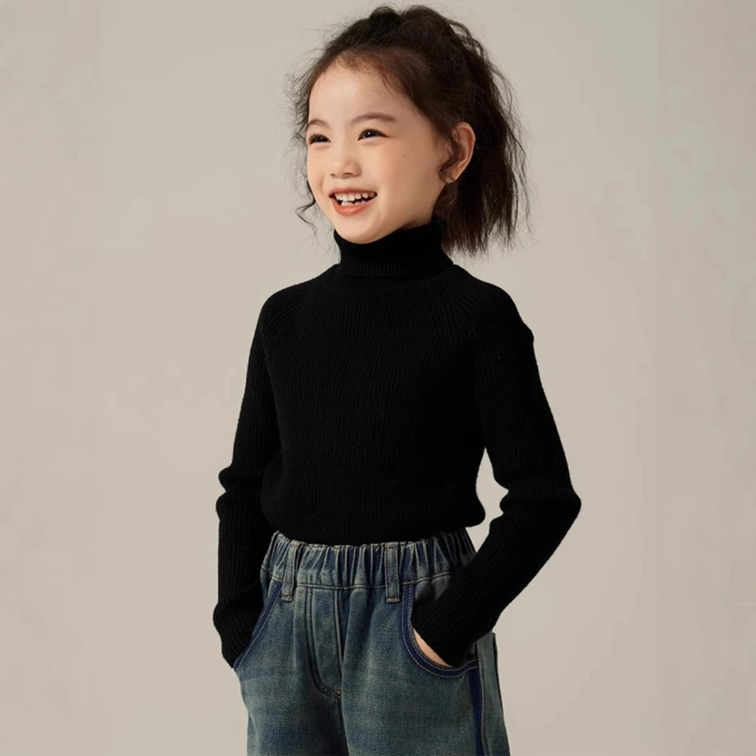 男女儿童加绒打底衫秋冬季柔软百搭针织衫上衣一体绒高领套头毛衣