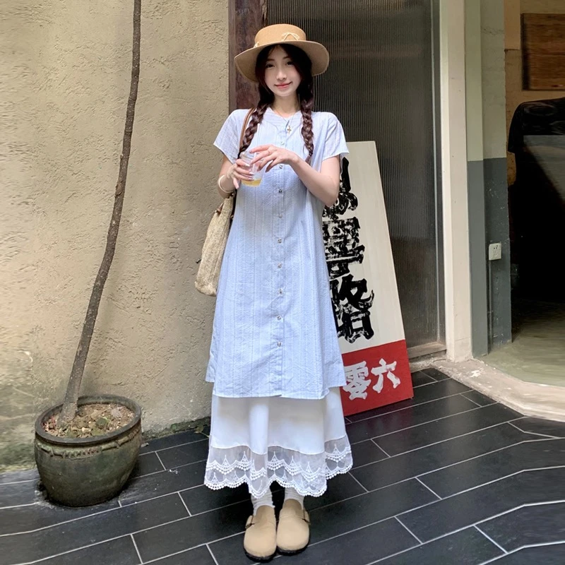 6552-大码女装夏季新款显瘦衬衫连衣裙+半身裙两件套