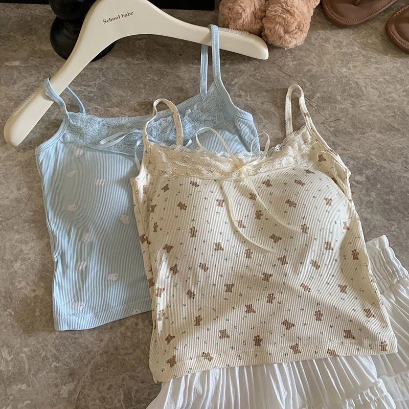 芒果直播碎花带胸垫吊带背心女蕾丝纯欲显瘦夏季内搭外穿修身