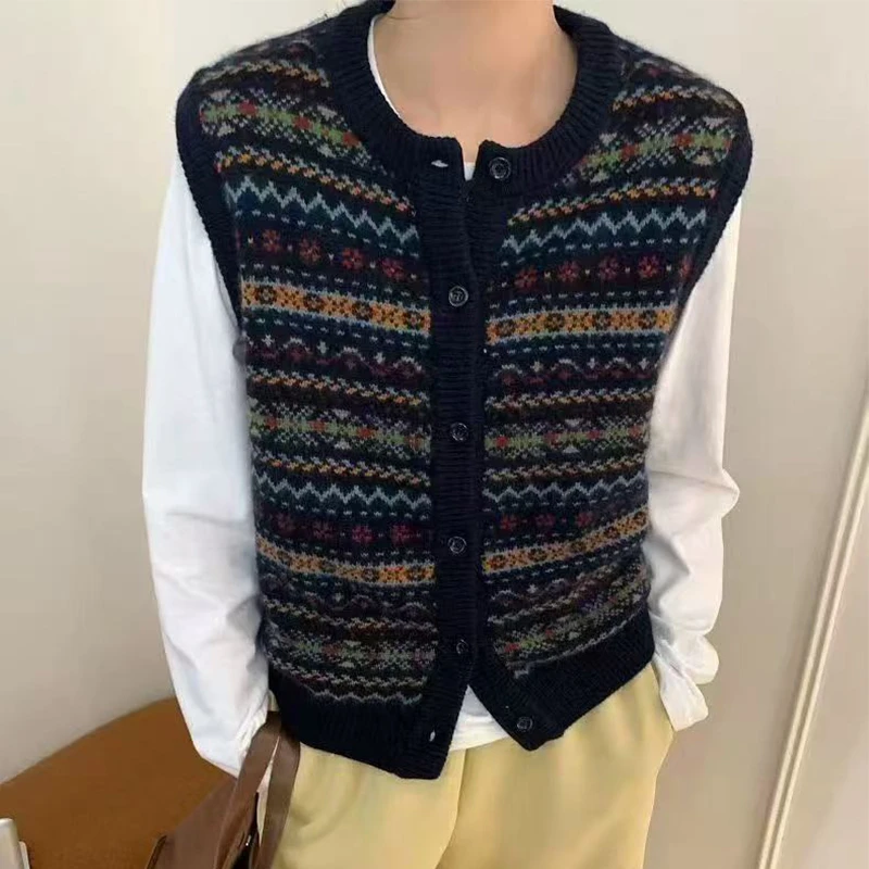 无袖女针织衫提花复古百搭宽松秋冬时尚外搭民族风背心马甲-9628