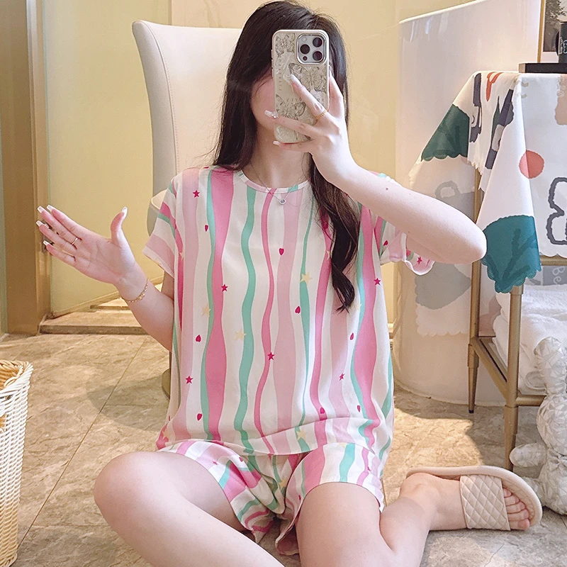 绵绸两件套装夏天女人造棉绸睡衣夏季大码女短袖薄款家居服可外穿