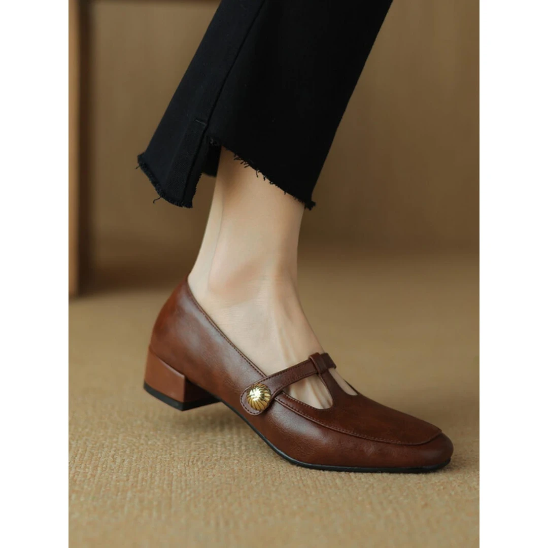 【澳门专柜正品】法式复古玛丽珍女鞋2025春秋款真皮棕色T字带粗跟