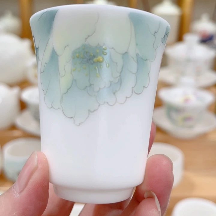 高川L素烧手绘绿牡丹中正主人杯70